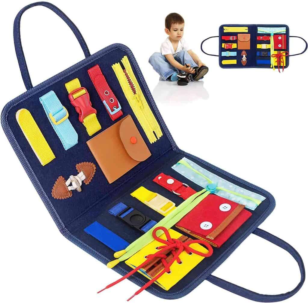 Busy boards are perfect travel toys for toddlers.