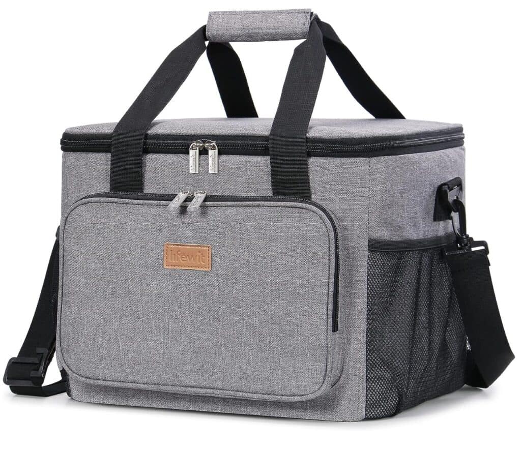 picture of best insulated soft cooler bag for road trip with kids. gray with black straps